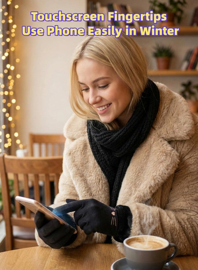 ZGMYC قفازات ZGMYC النسائية الناعمة من جلد الغزال، مناسبة للطقس البارد، مبطنة بفرو ناعم على شكل قطة لطيفة، قفازات شتوية حرارية مع أساور من الفرو الصناعي (أسود) - Image 3